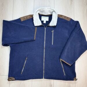 Orvis Fleece Jacket Mens XXL Blue Sherpa Collar Leather Trim Full Zip Coat Warm